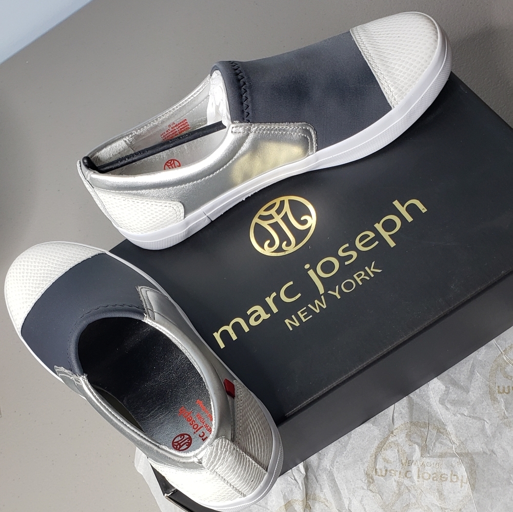 Marc Joseph Jay St. Leather Colorblock Sneaker White Gypsy Silver NIB size 5.5